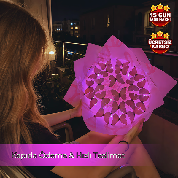 Led Işıklı Pembe Love Kelebek Buketi | Romantik Hediye
